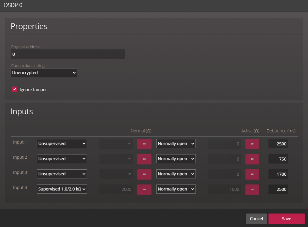 OSDP-Eigenschaften des sicheren phg-E/A-Moduls im Synergis Appliance Portal.