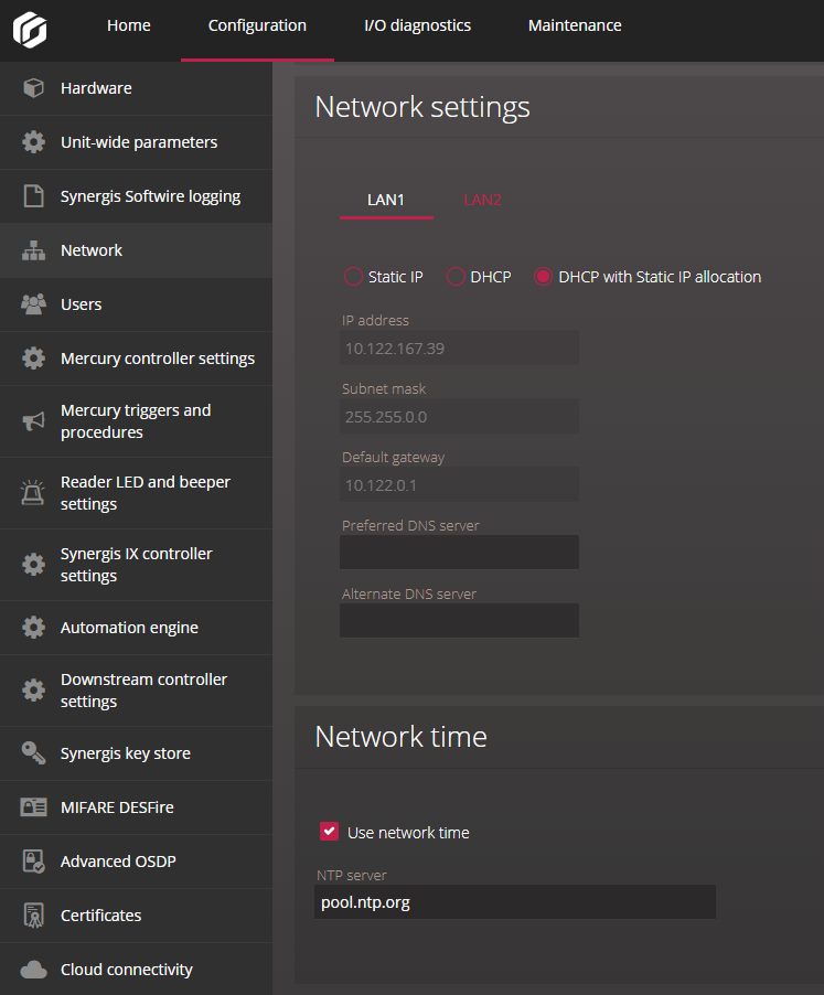 Netzwerk- und Netzwerkzeiteinstellungen im Synergis Appliance Portal.