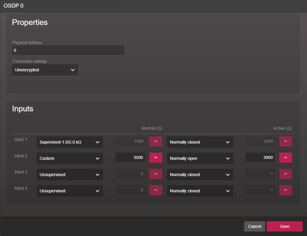 Dialogfeld „Eigenschaften“ für sichere E/A-Module im Synergis Appliance Portal .
