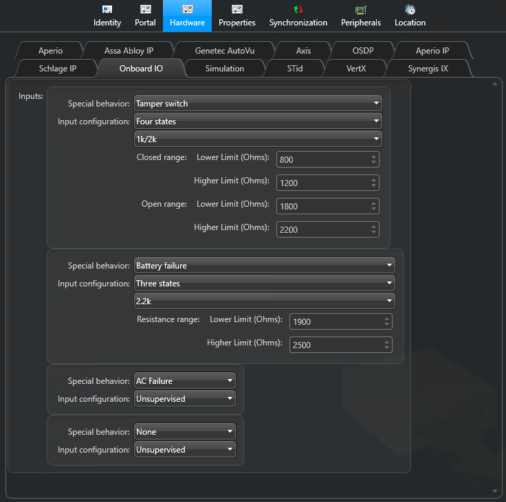 Seite „Integrierte E/A“ auf der Seite „Hardware“ der Einheit des Synergis™ Cloud Link-Portals in Config Tool.