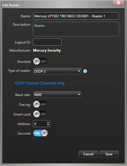 Das Dialogfeld „Lesegerät bearbeiten“ im Config Tool, das „OSDP 2“ als Lesegerätetyp anzeigt.