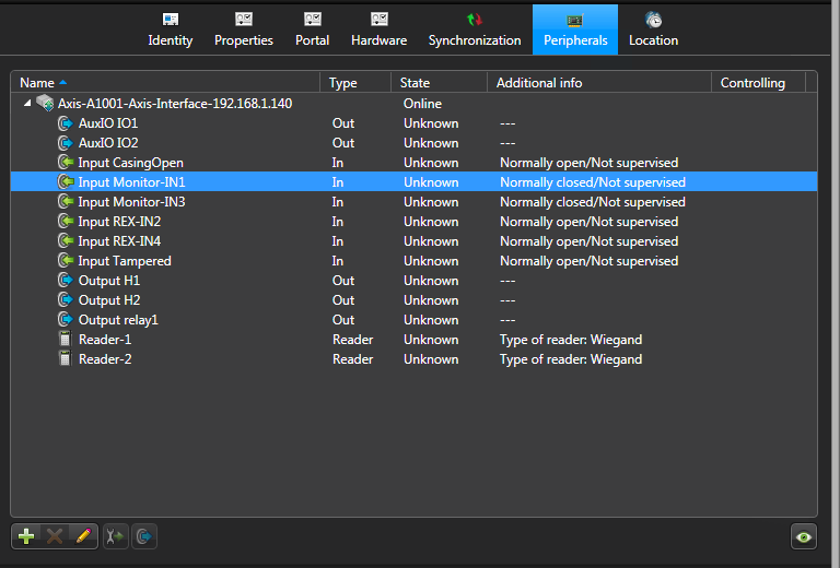 Seite „Peripheriegeräte“ eines Axis-Controllers im Config Tool.