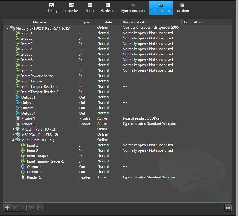 Peripheriegeräte-Seite eines Mercury-Controllers im Config Tool.