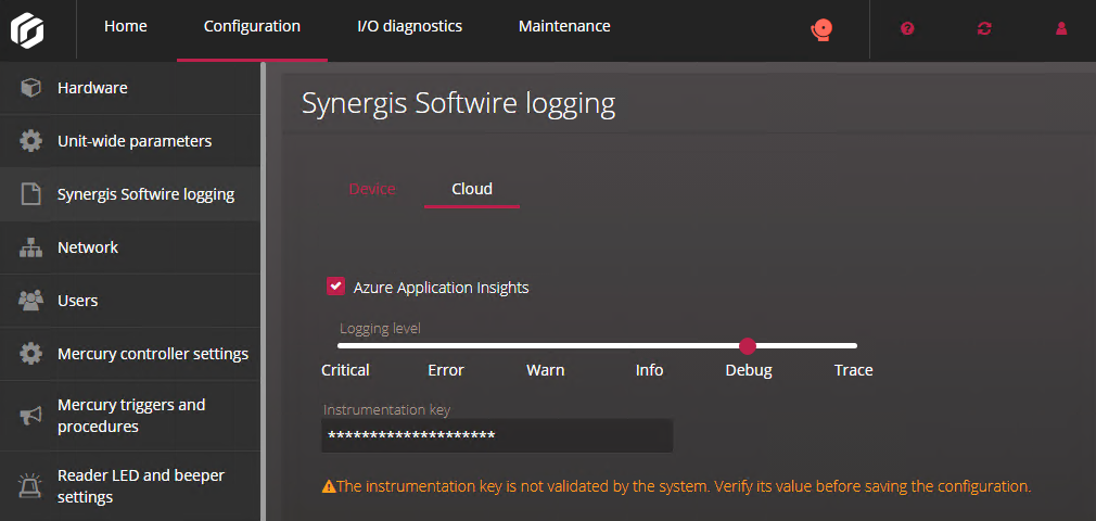 Optionen, die Sie für das Senden von Protokollen in die Cloud auf der Synergis-Softwire-Protokollierungsseite im Synergis Appliance Portal konfigurieren müssen.