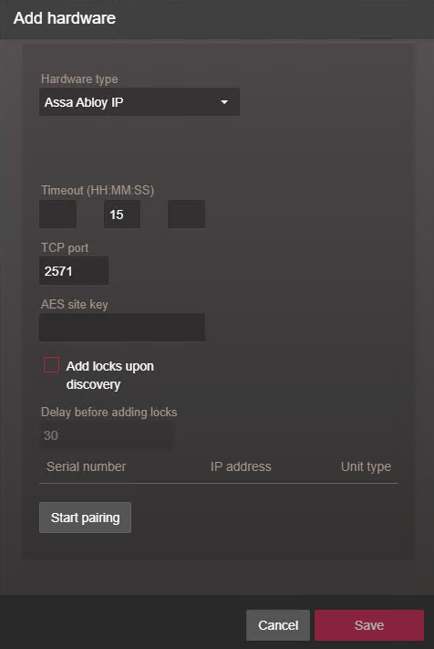 Das Dialogfeld „Hardware hinzufügen“ im Synergis™ Appliance Portal, das die ausgewählte Assa-Abloy-IP-Hardware zeigt.