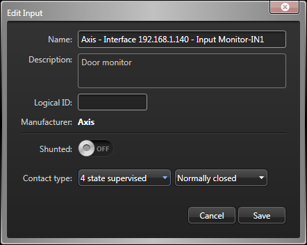 Das Dialogfeld „Eingang bearbeiten“ für einen Axis-Eingang im Config Tool.