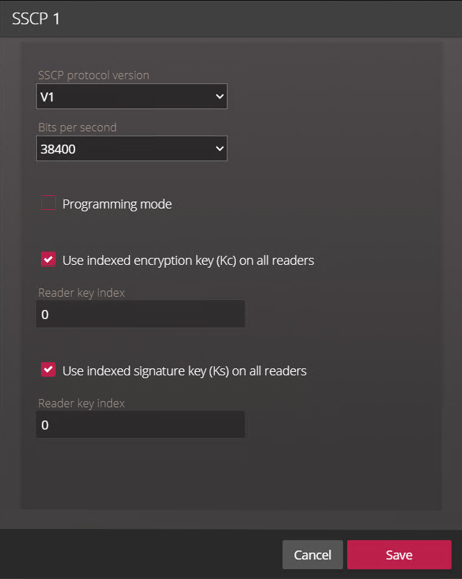 Konfiguration eines STid-Lesegeräts im Synergis™ Appliance Portal mit aktivierter Option „Verwenden Sie indizierten Verschlüsselungsschlüssel (Kc) auf allen Lesegeräten“ und aktivierter Option „Verwenden Sie indizierten Signaturschlüssel (Ks) auf allen Lesegeräten“