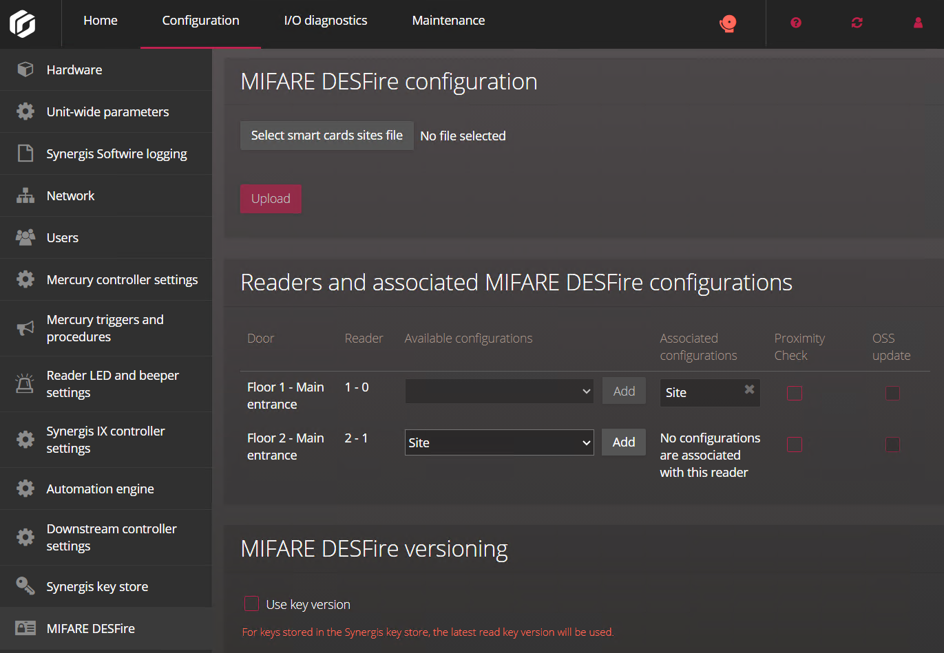 Die MIFARE-DESFire-Konfigurationsseite im Synergis Appliance Portal.