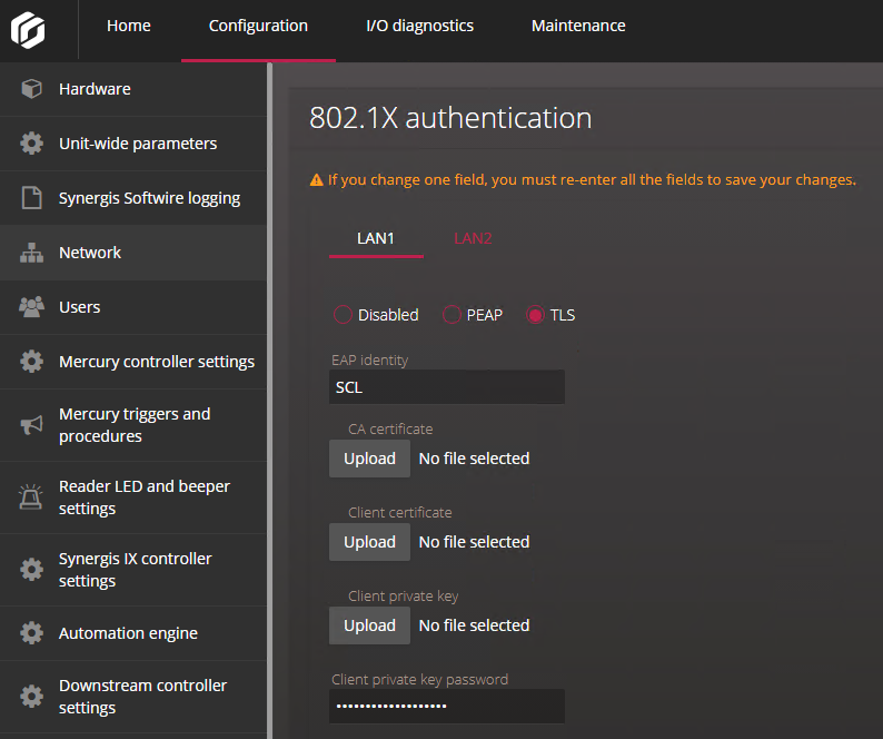 802.1X-Authentifizierungseinstellungen mit ausgewähltem TLS auf der Netzwerkseite des Synergis Appliance Portals.