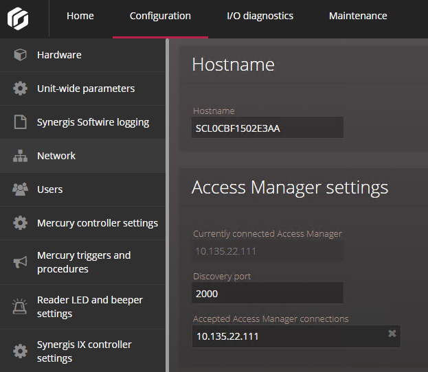 Hostname und Access Manager-Einstellungen auf der Netzwerseite des Synergis Appliance Portals.