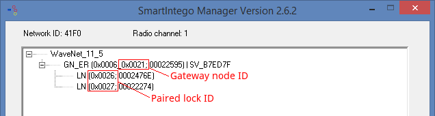 SmartIntego Manager interface showing Gateway node and paired lock IDs.