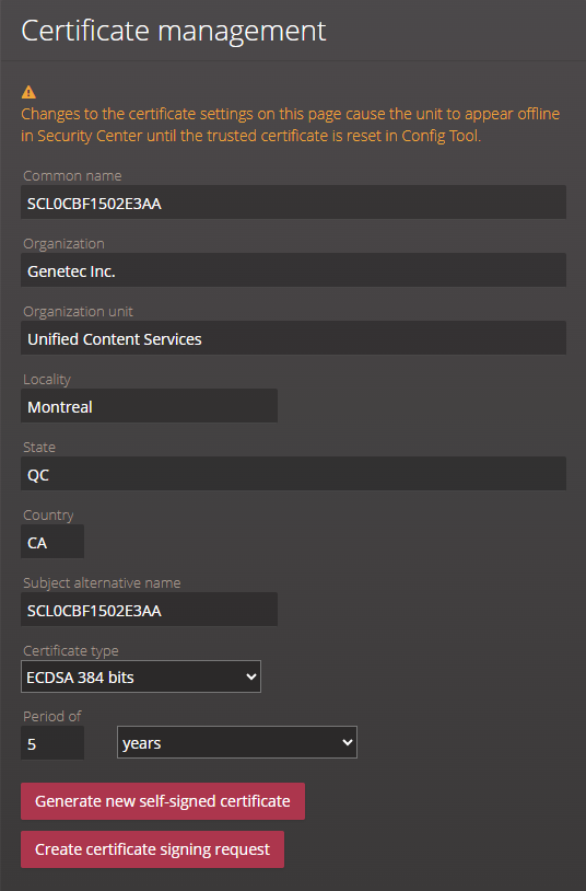Certificate management section of the Certificates page in the Synergis™ Appliance Portal.