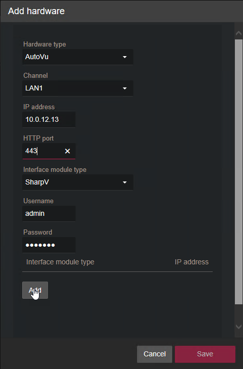 Add hardware dialog box in the Synergis Appliance Portal showing AutoVu selected.