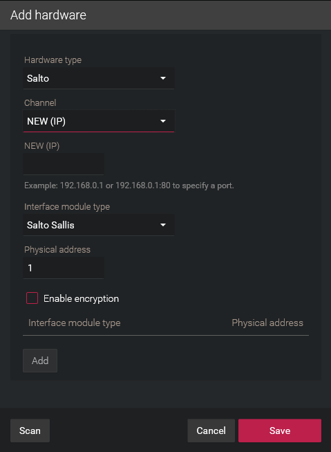 Add hardware dialog box showing Salto configuration with the IP channel selected in the Synergis Appliance Portal.