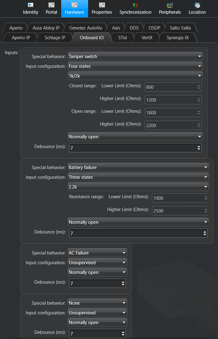 Onboard IO page of the Synergis Cloud Link unit's Hardware page in Config Tool.