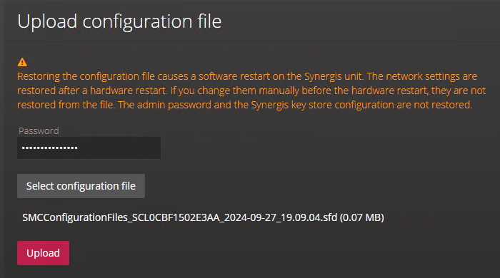 Upload configuration file section of the System status page in the Synergis Appliance Portal showing a selected configuration file.