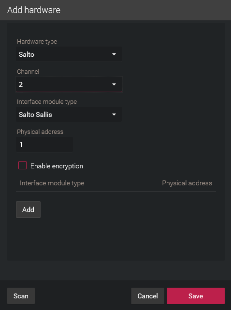Add hardware dialog box showing Salto configuration with the RS-485 channel selected in the Synergis Appliance Portal.