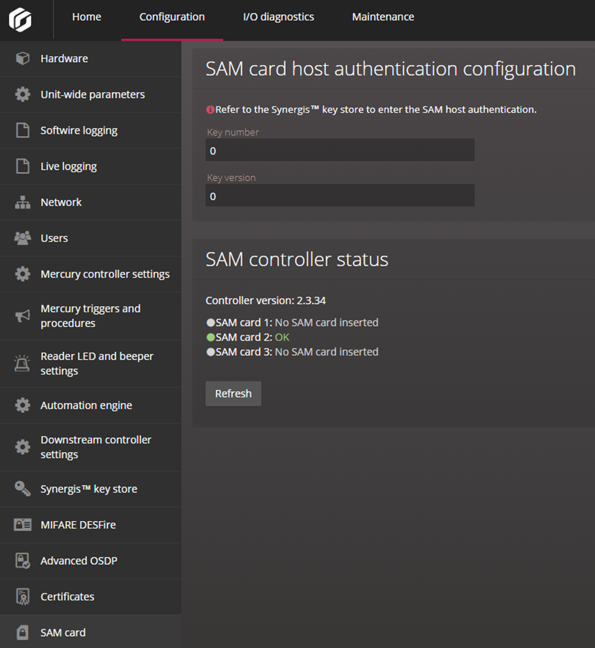 SAM card page in the Synergis™ Appliance Portal.