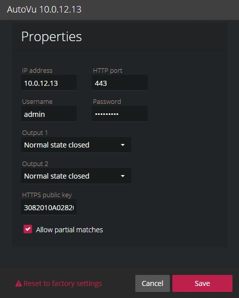 AutoVu properties dialog in the Synergis Appliance Portal showing IP address, username, and settings options.
