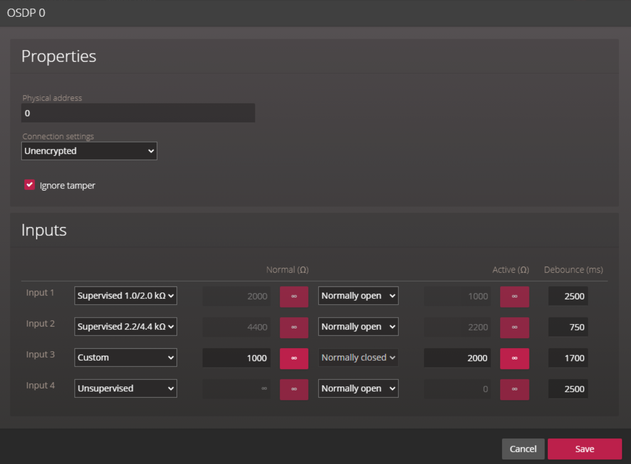 Properties dialog box for secure I/O modules in the Synergis Appliance Portal.