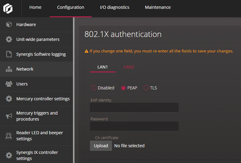 802.1X authentication settings with PEAP selected on the Network page of the Synergis Appliance Portal.