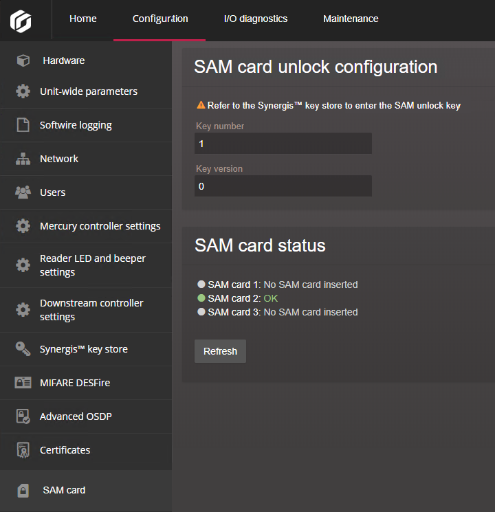 Page de la carte SAM sur le Synergis™ Appliance Portal.
