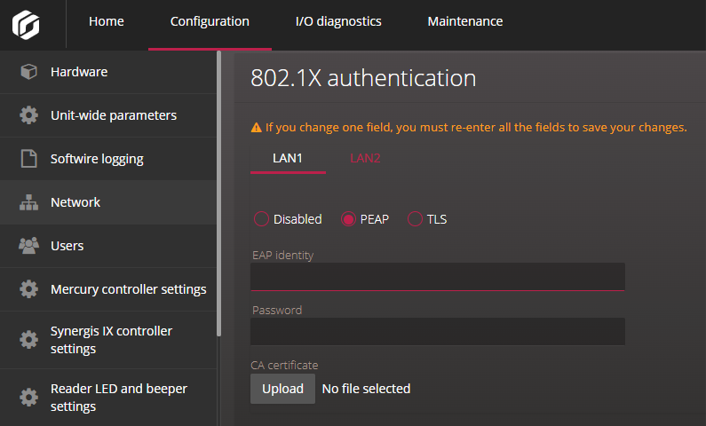 Synergis Appliance Portal - Configuration réseau - Paramètres d'authentification 802.1X pour PEAP.