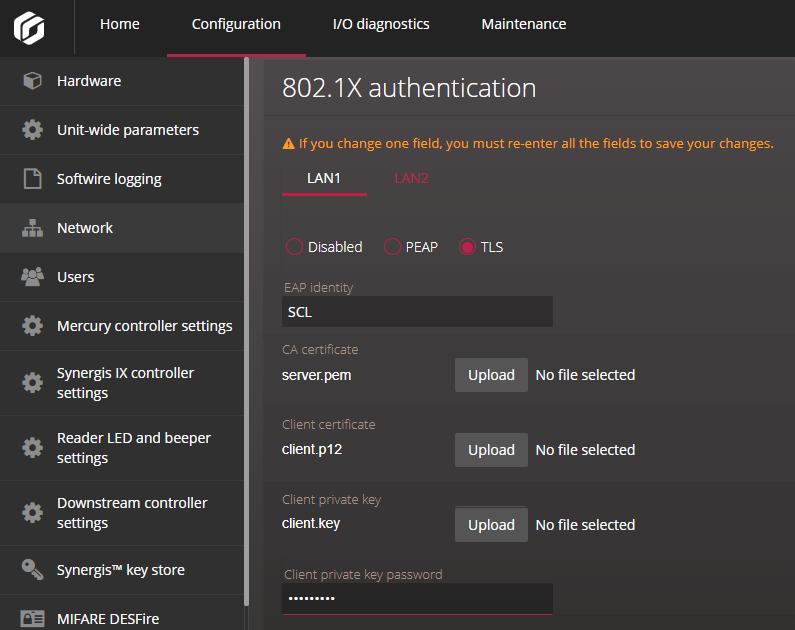Synergis Appliance Portal - Configuration réseau - Paramètres d'authentification 802.1X pour TLS.