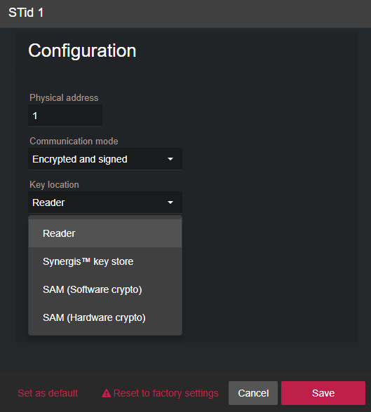 Configuration STid affichant les options d’emplacement des clés dans Synergis Appliance Portal.
