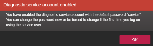 Boîte de dialogue confirmant que le compte de service de diagnostic a été activé sur Synergis Appliance Portal.