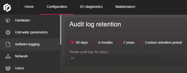 Section Rétention des historiques de la page Journalisation Softwire sur le Synergis™ Appliance Portal.