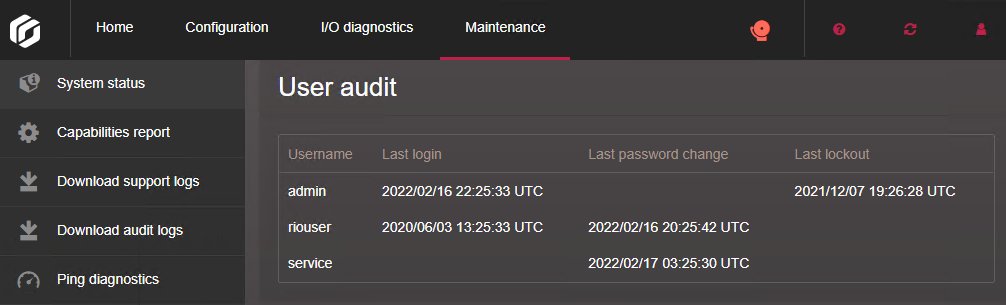 Section Audit utilisateur de la page État du système sur le Synergis™ Appliance Portal.