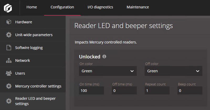 Page Paramètres des LED et du signal sonore du lecteur dans Synergis™ Appliance Portal.