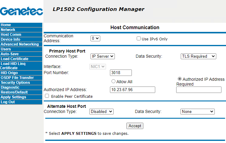 Page Communication de l’hôte de la page web du gestionnaire de configuration LP1502.