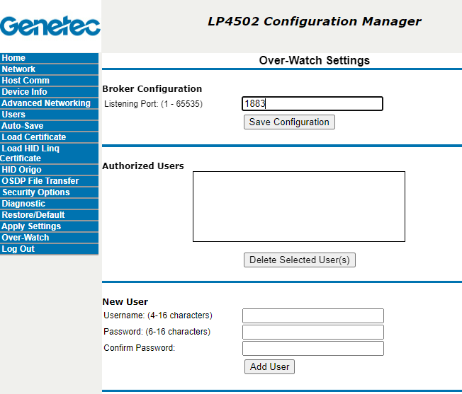 Gestionnaire de configuration Mercury affichant la page des réglages Over-Watch.