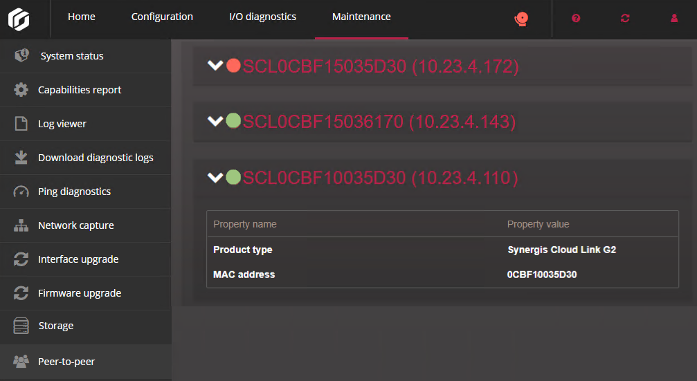 Page Pair-à-pair sur Synergis Appliance Portal.