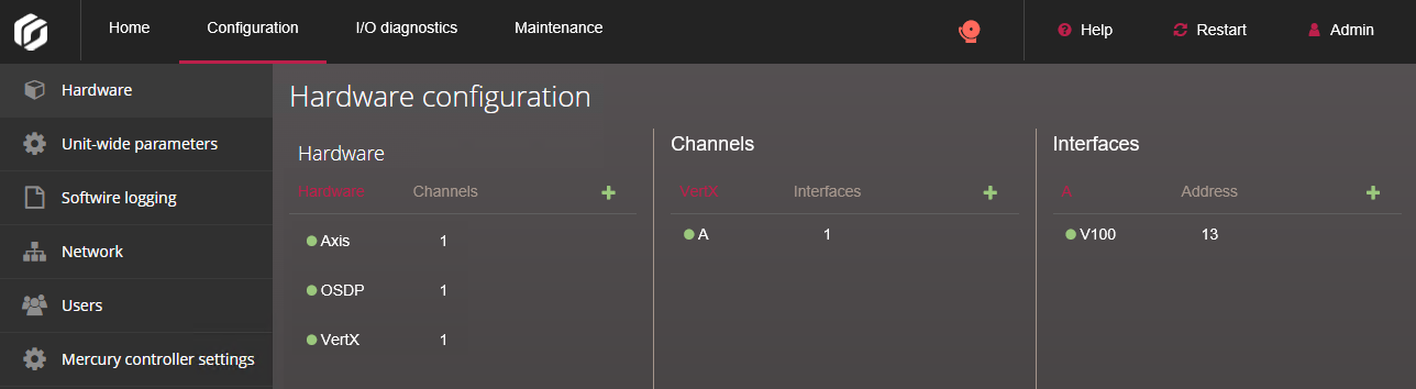 Arborescence de configuration matérielle avec les trois colonnes développées sur le Synergis™ Appliance Portal.