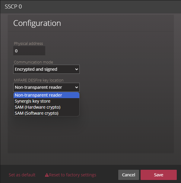 Configuration du lecteur STid dans le portail Synergis Appliance mettant en évidence les options d'emplacement de la clé MIFARE DESFire.