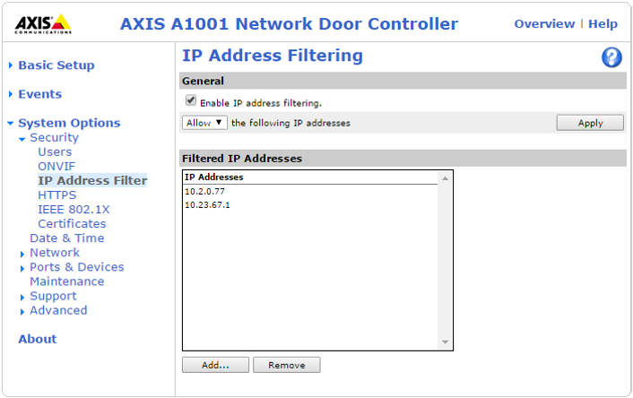 Page Filtrage des adresses IP sur le portail Web du contrôleur Axis.