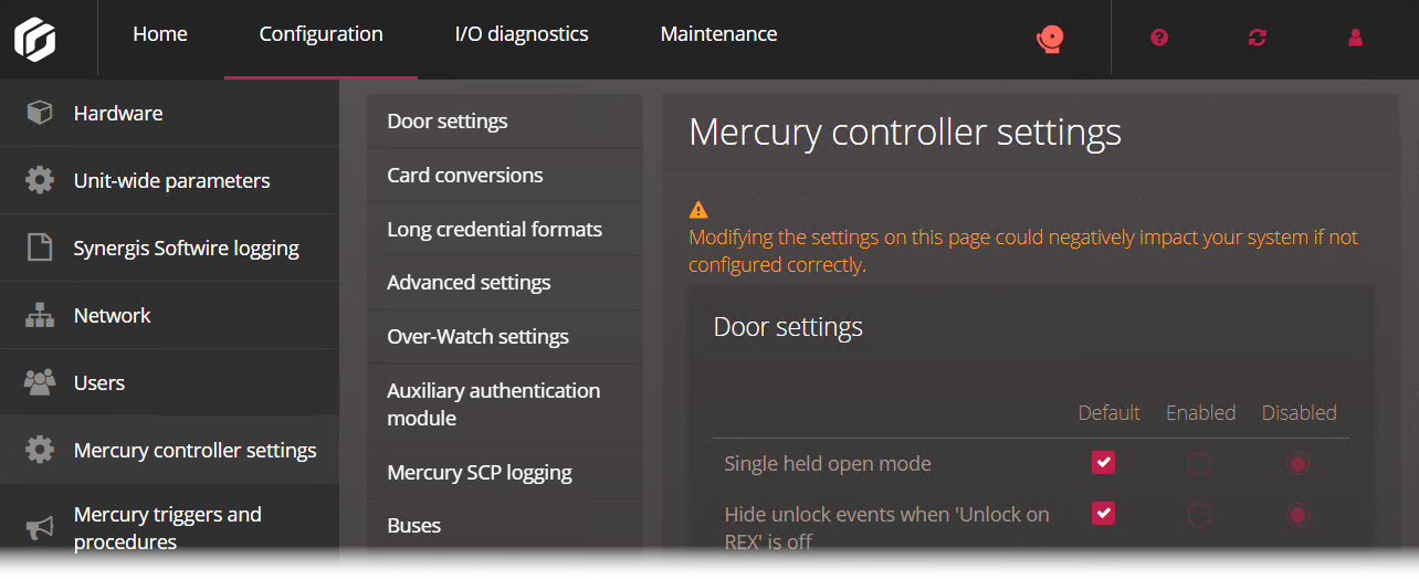 Page Réglages de contrôleur Mercury dans Synergis Appliance Portal.