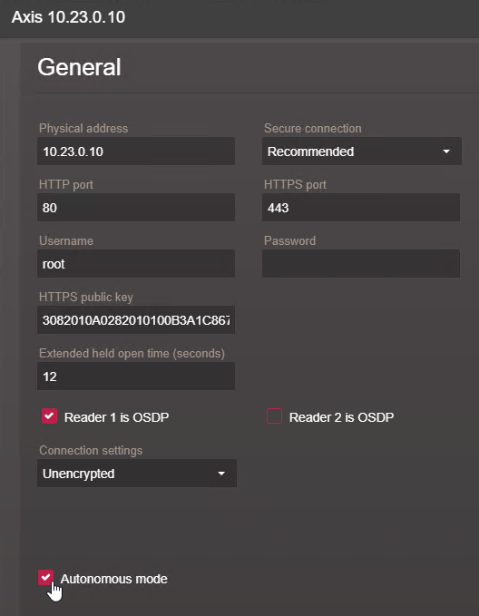 Fenêtre de configuration de l’unité Axis sur le Synergis™ Appliance Portal avec l’option Mode autonome sélectionnée.