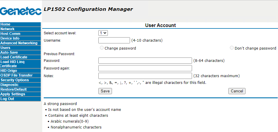 Page Compte utilisateur de la page web du gestionnaire de configuration LP1502.