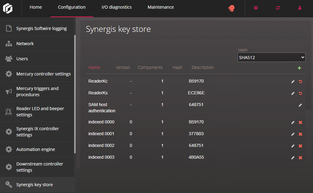 Page du magasin de clés Synergis dans le Synergis Appliance Portal.