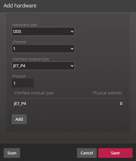 Das Dialogfeld „Hardware hinzufügen“, welches die DDS-Konfiguration im Synergis Appliance Portal zeigt.