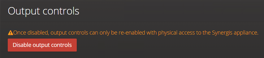 Schaltfläche „Ausgabesteuerung deaktivieren“ im Abschnitt „Ausgabesteuerung“ auf der Seite „Geräteweite Parameter“ im Synergis Appliance Portal.