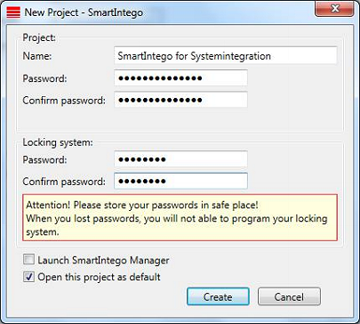 SmartIntego-Dialogfeld „Neues Projekt“ mit Passwortfeldern und einer Warnung zur Passwortsicherheit.