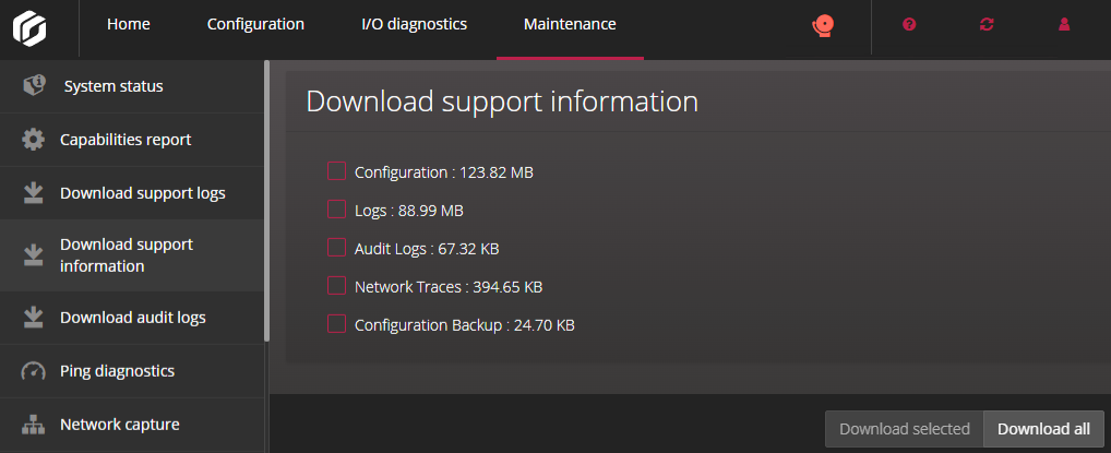 Seite „Supportinformationen herunterladen“ im Synergis™ Appliance Portal.