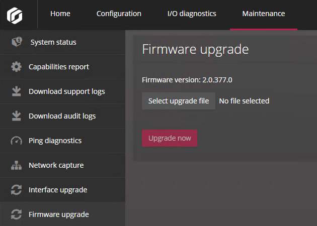 Firmware upgrade page in the Synergis Appliance Portal.