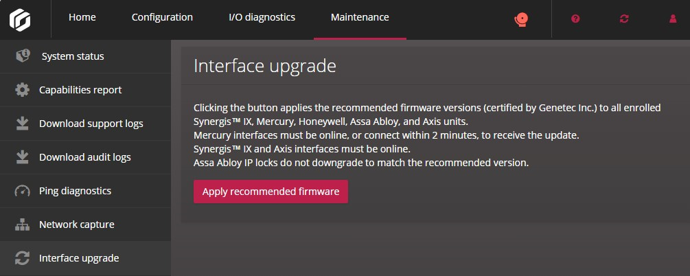 Interface upgrade page in the Synergis Appliance Portal.