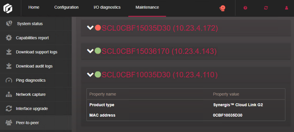 Peer-to-Peer-Seite im Synergis™ Appliance Portal.